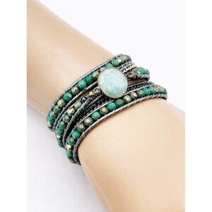 Nakamol Green Jasper Multi Wrap Beaded Bracelet Boho Leather Button Closure